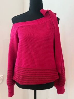 Chic Hot Pink One-Shoulder Bow Sweater | Statement Knit